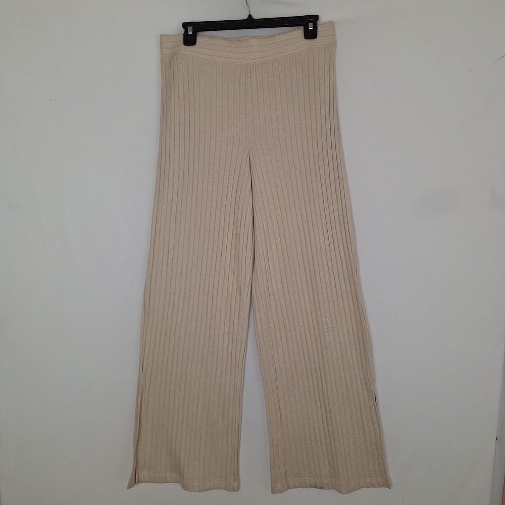 Quiet Luxury Old Money Gilly Hicks M Ribbed Wide Leg Lounge Pants Beige Tan Soft